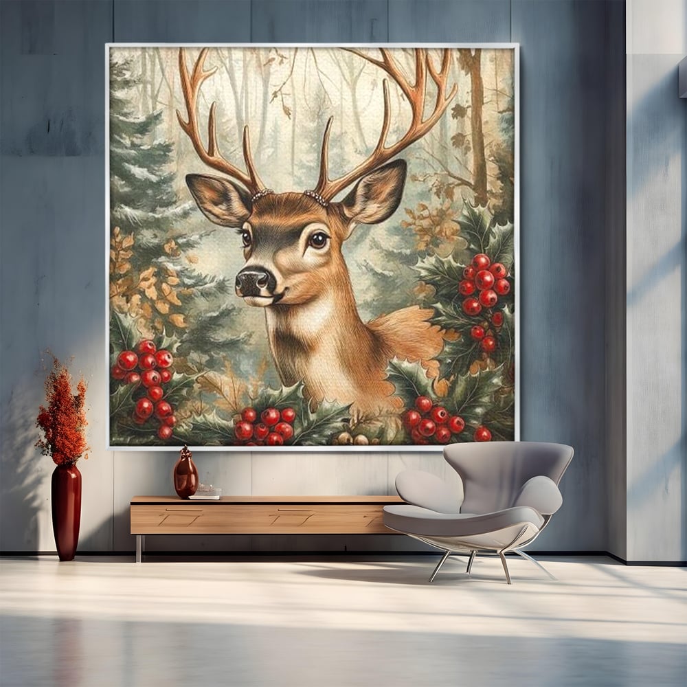 Tablou canvas cu ilustratie digitala cu cerb si crengi de brad, in rama de aluminiu argintiu