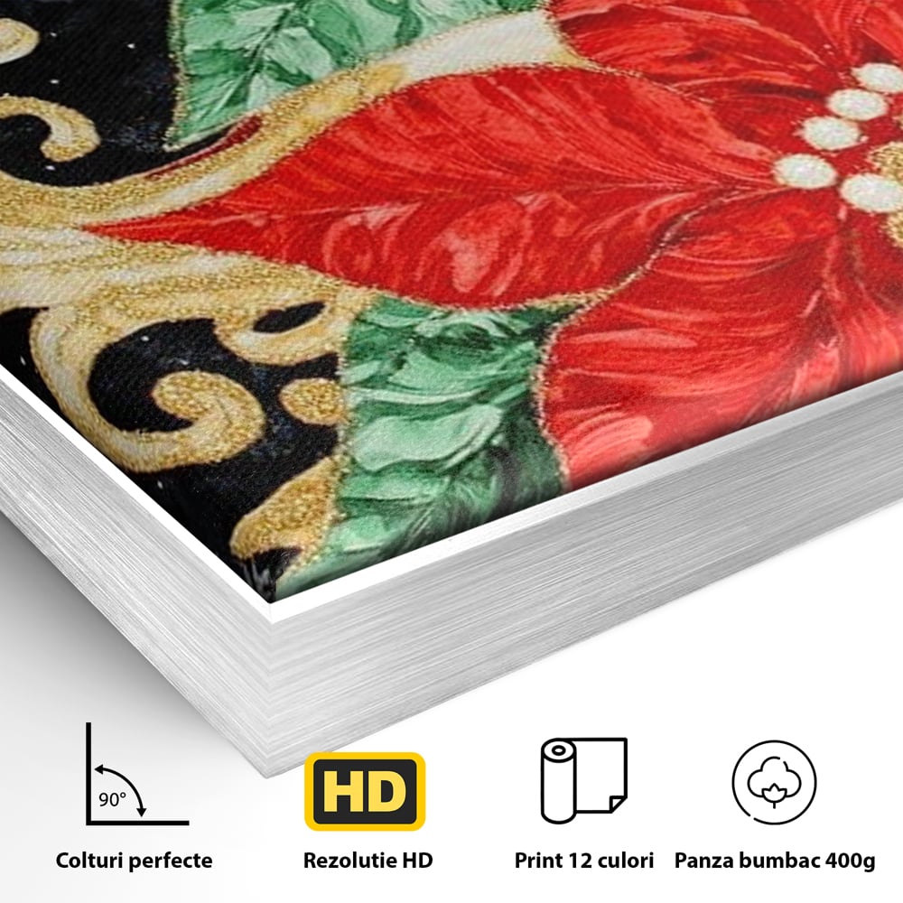 Detaliu al suprafetei: tablou canvas cu craciunite rosii si albe, in rama de aluminiu argintiu