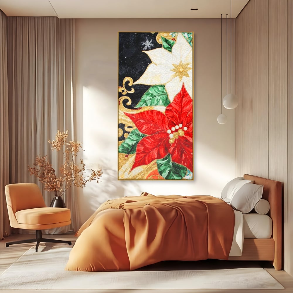 Tablou canvas cu tablou canvas cu craciunite rosii si albe, in rama de aluminiu auriu, pe perete intr-un dormitor