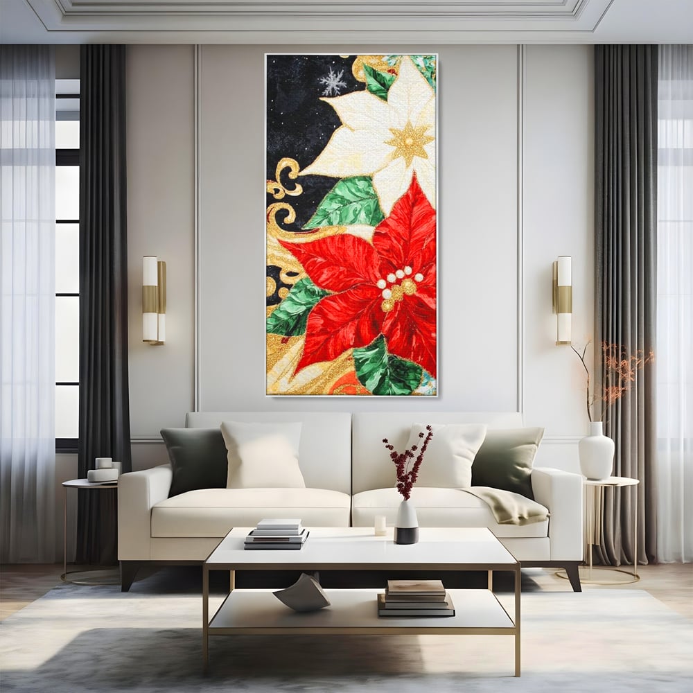 Tablou canvas cu tablou canvas cu craciunite rosii si albe, in rama de aluminiu argintiu, pe perete intr-un living