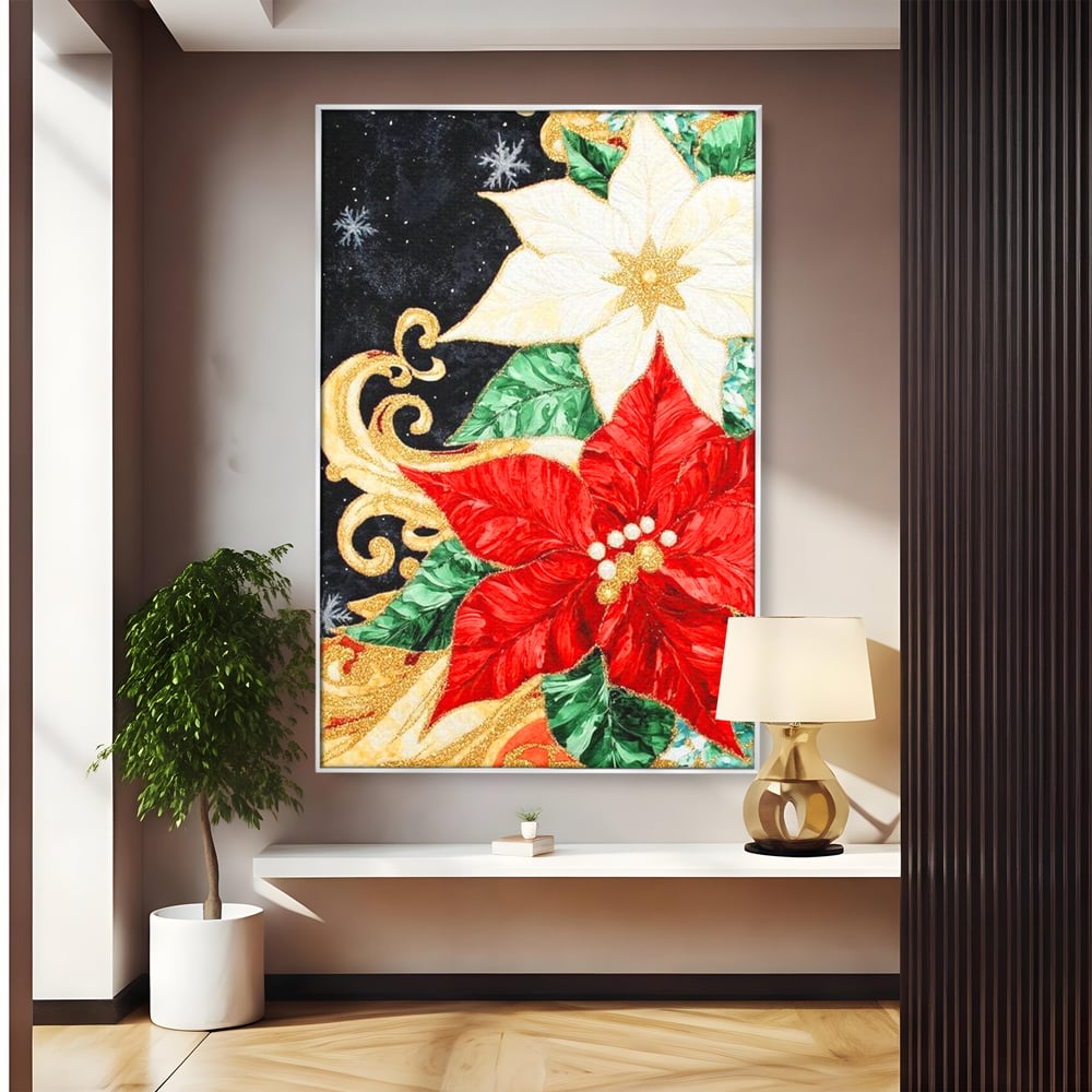 Tablou canvas cu tablou canvas cu craciunite rosii si albe, in rama de aluminiu argintiu