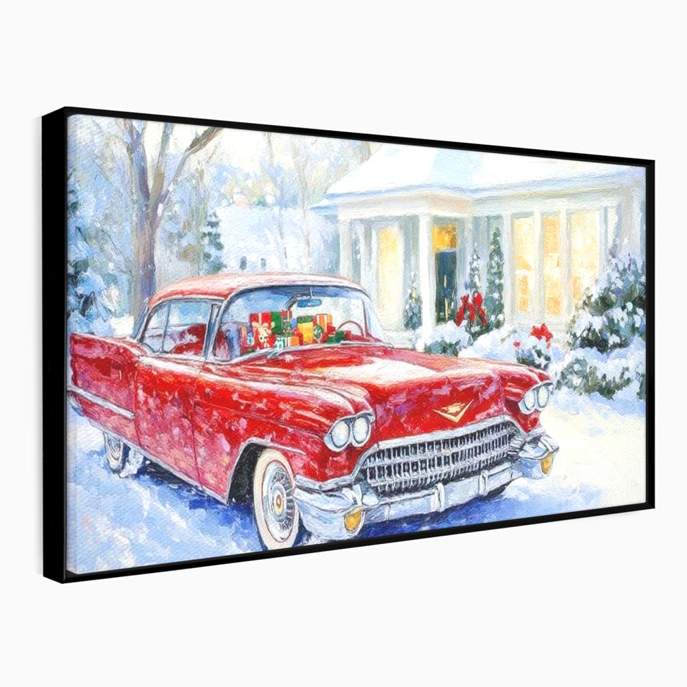 Tablou canvas cu tablou canvas cu masina vintage rosie iarna, in rama de aluminiu negru