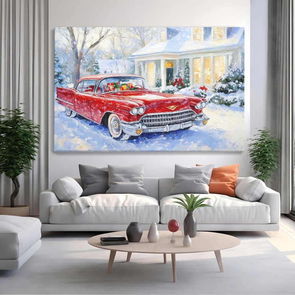 Tablou canvas cu tablou canvas cu masina vintage rosie iarna, fara rama, pe sasiu de lemn, pe perete intr-un living