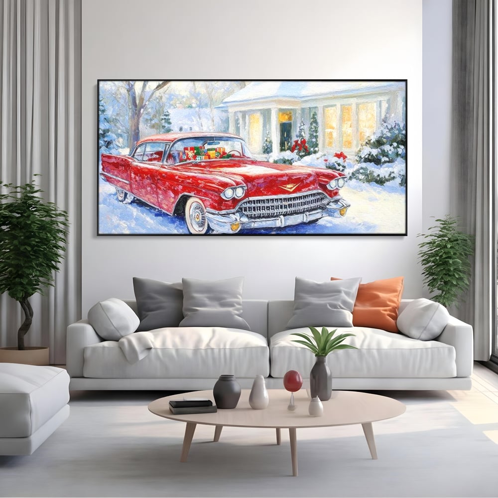 Tablou canvas cu tablou canvas cu masina vintage rosie iarna, in rama de aluminiu negru, pe perete intr-un living