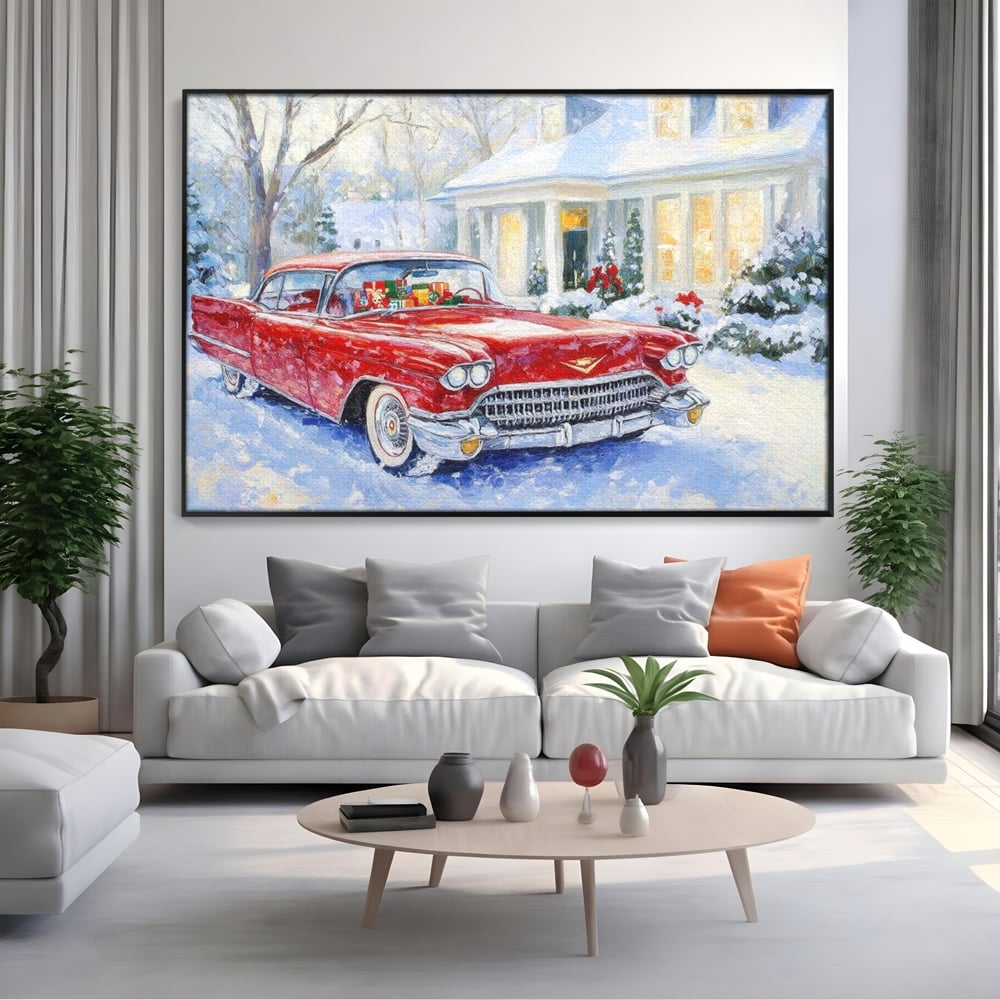 Tablou canvas cu tablou canvas cu masina vintage rosie iarna, in rama de aluminiu negru, pe perete intr-un living