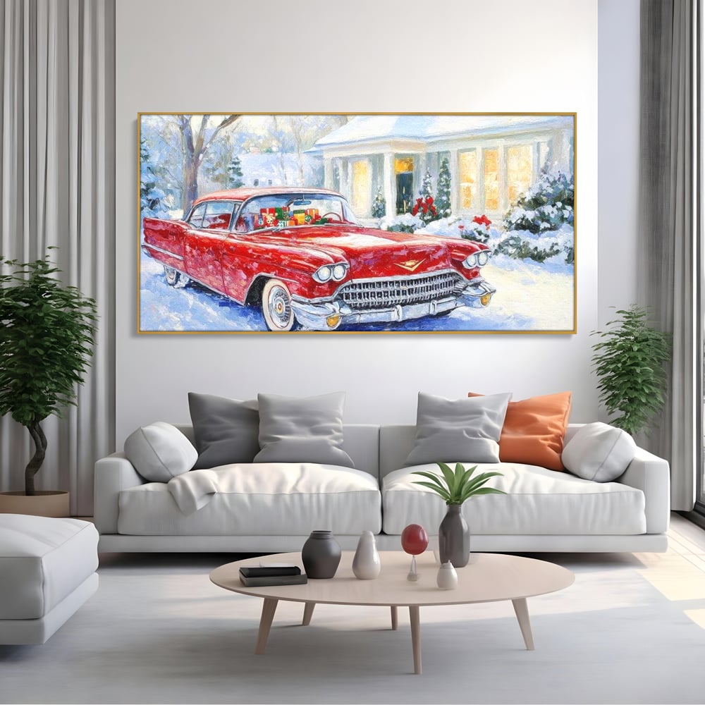 Tablou canvas cu tablou canvas cu masina vintage rosie iarna, in rama de aluminiu auriu, pe perete intr-un living