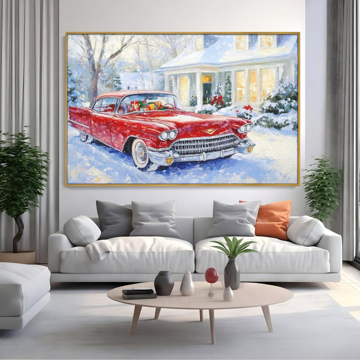 Tablou canvas cu tablou canvas cu masina vintage rosie iarna, in rama de aluminiu auriu, pe perete intr-un living