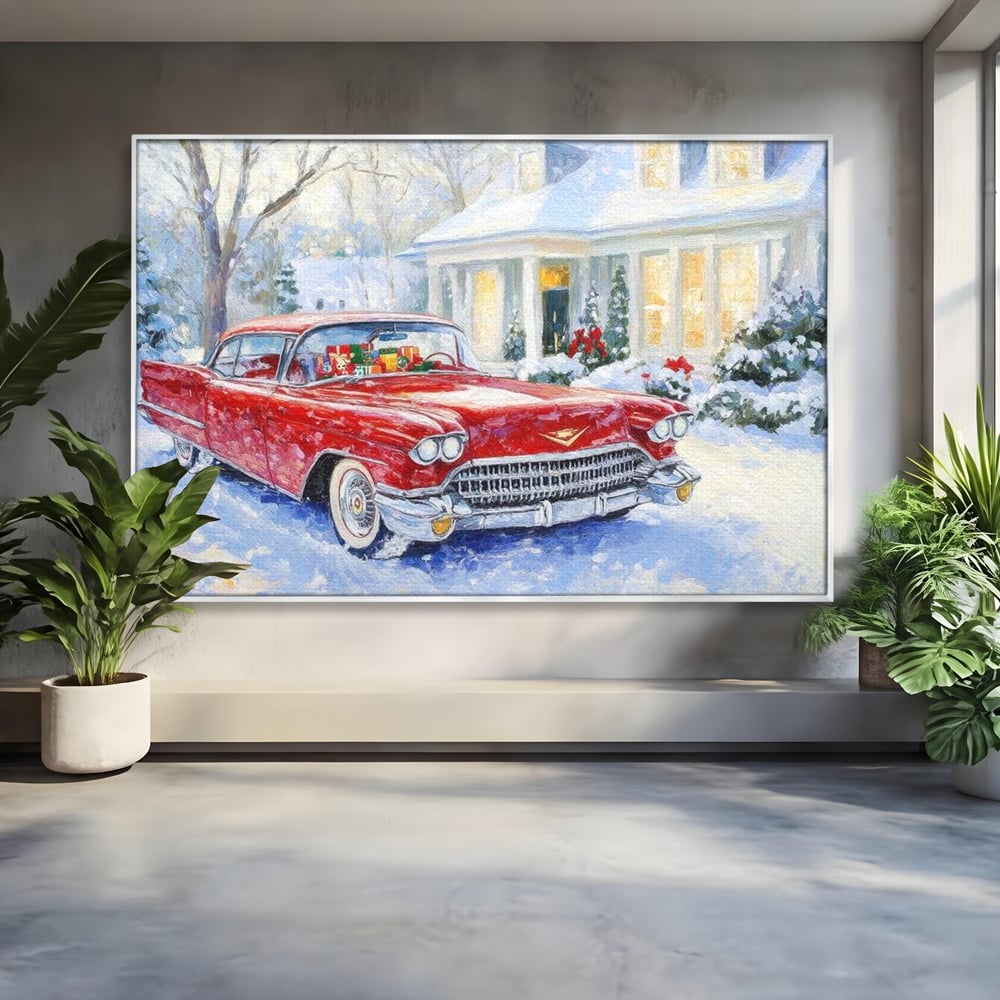 Tablou canvas cu tablou canvas cu masina vintage rosie iarna, in rama de aluminiu argintiu