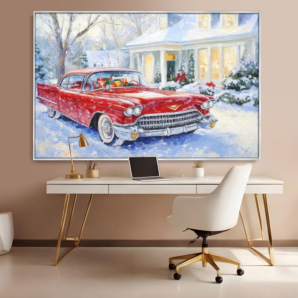 Tablou canvas cu tablou canvas cu masina vintage rosie iarna, in rama de aluminiu argintiu, pe perete intr-un birou