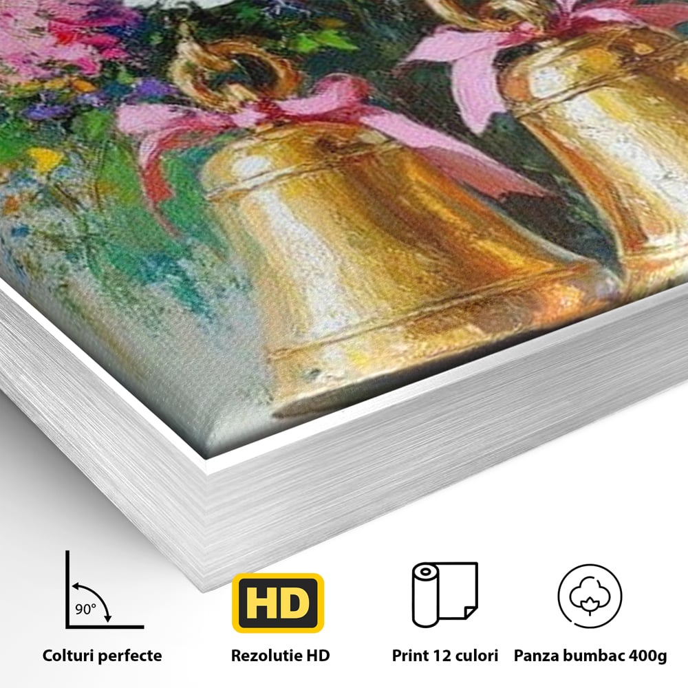 Detaliu al suprafetei: pictura cu clopotei aurii si bujori, in rama de aluminiu argintiu