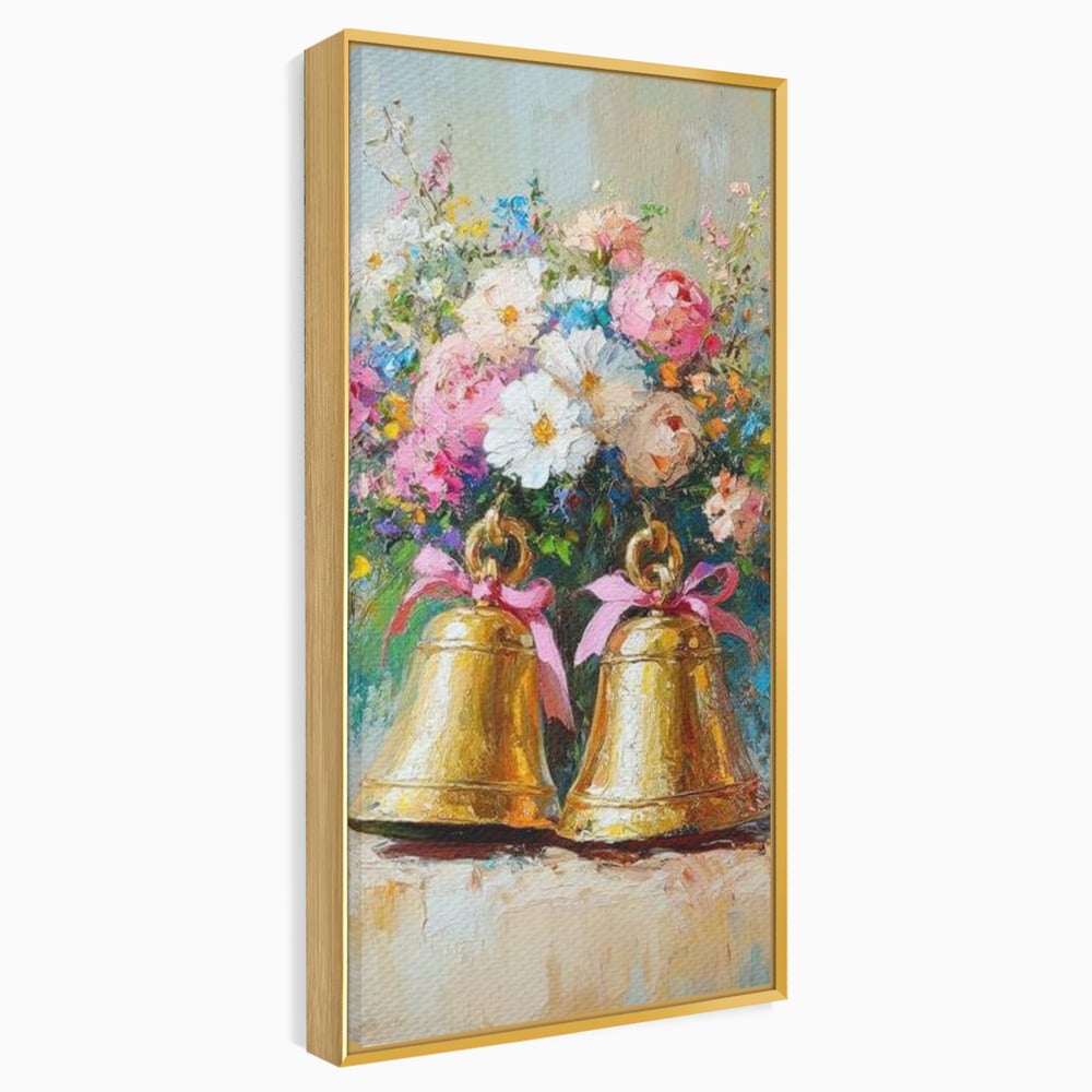 Tablou canvas cu pictura cu clopotei aurii si bujori, in rama de aluminiu auriu
