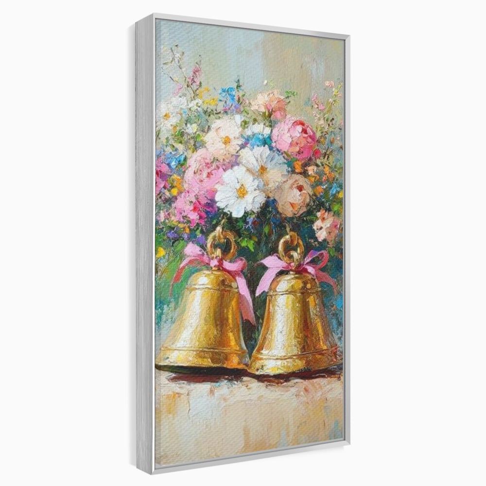 Tablou canvas cu pictura cu clopotei aurii si bujori, in rama de aluminiu argintiu