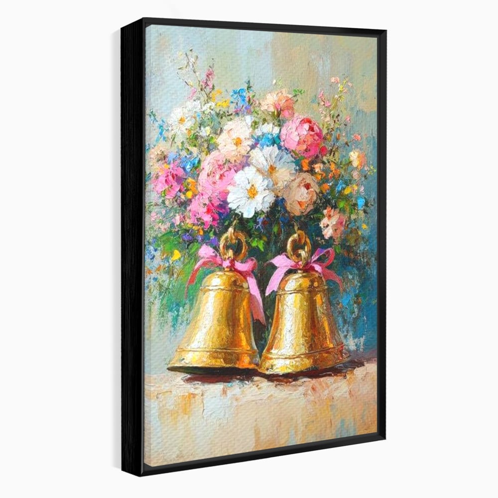 Tablou canvas cu pictura cu clopotei aurii si bujori, in rama de aluminiu negru