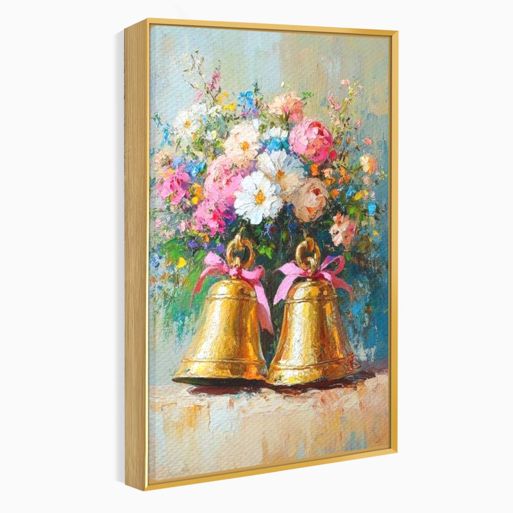 Tablou canvas cu pictura cu clopotei aurii si bujori, in rama de aluminiu auriu