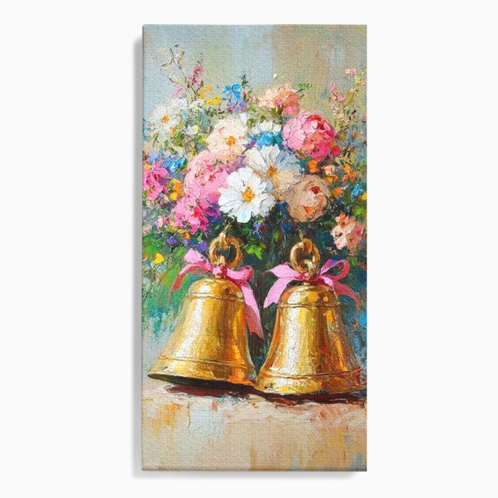 Tablou canvas cu pictura cu clopotei aurii si bujori, fara rama, pe sasiu de lemn