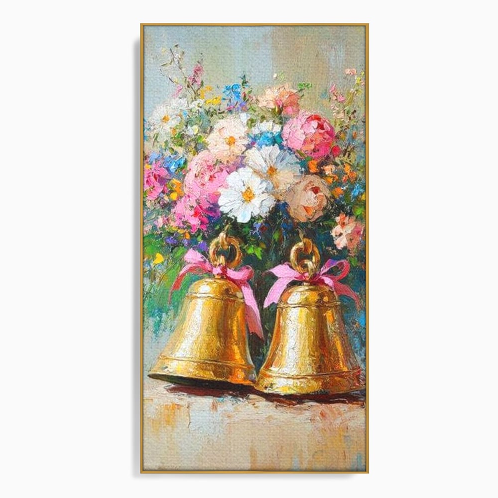 Tablou canvas cu pictura cu clopotei aurii si bujori, in rama de aluminiu auriu