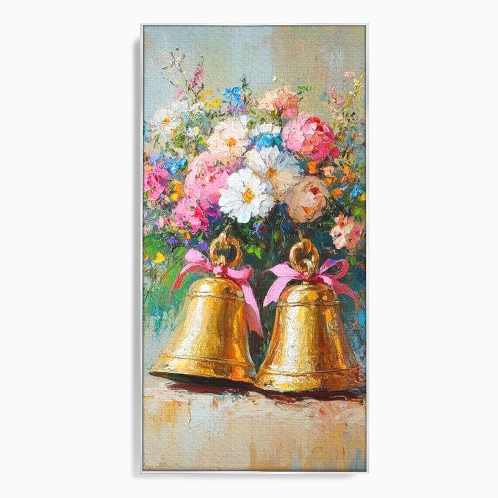 Tablou canvas cu pictura cu clopotei aurii si bujori, in rama de aluminiu argintiu