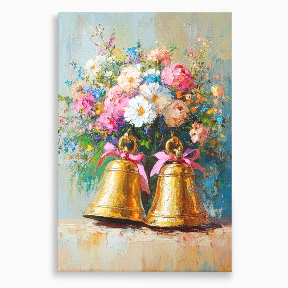 Tablou canvas cu pictura cu clopotei aurii si bujori, fara rama, pe sasiu de lemn