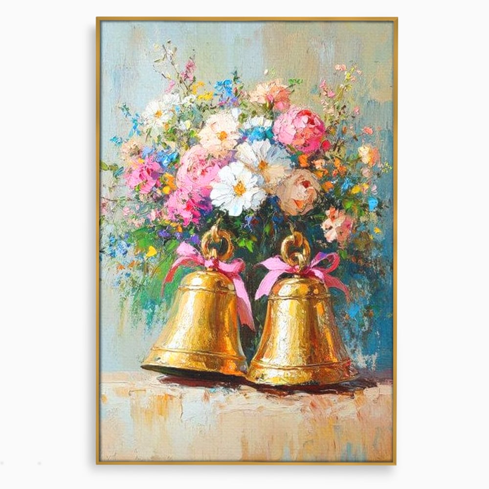 Tablou canvas cu pictura cu clopotei aurii si bujori, in rama de aluminiu auriu
