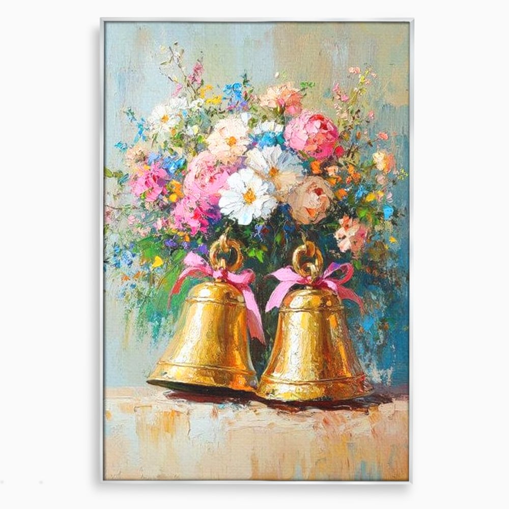 Tablou canvas cu pictura cu clopotei aurii si bujori, in rama de aluminiu argintiu