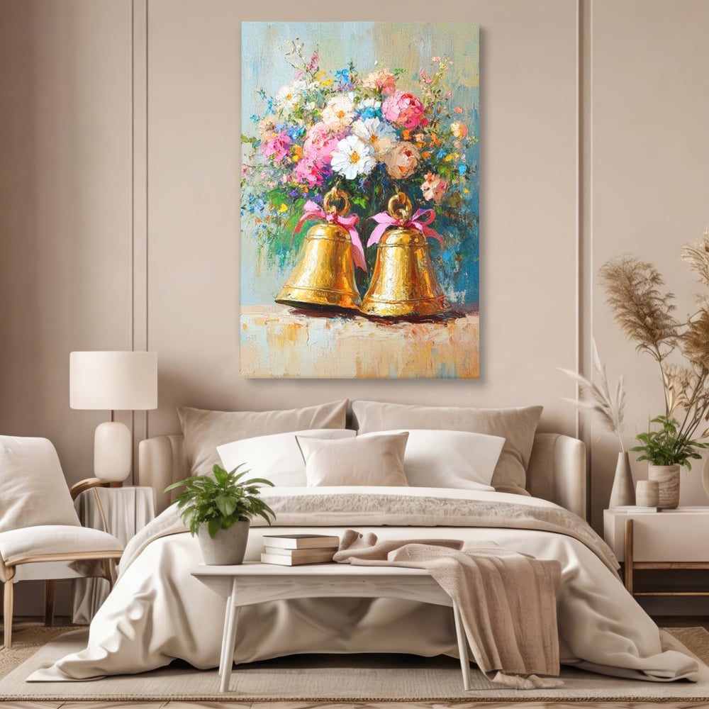Tablou canvas cu pictura cu clopotei aurii si bujori, fara rama, pe sasiu de lemn, pe perete intr-un dormitor