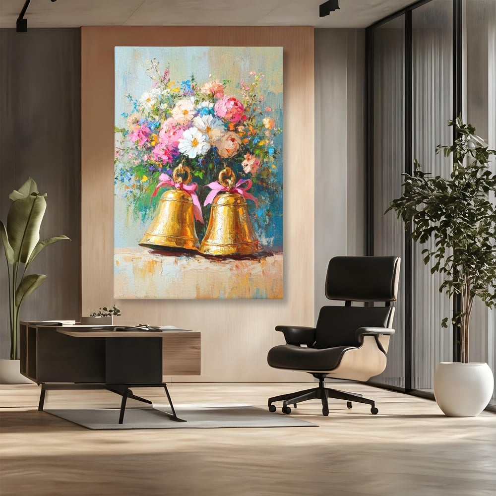 Tablou canvas cu pictura cu clopotei aurii si bujori, fara rama, pe sasiu de lemn, pe perete intr-un birou