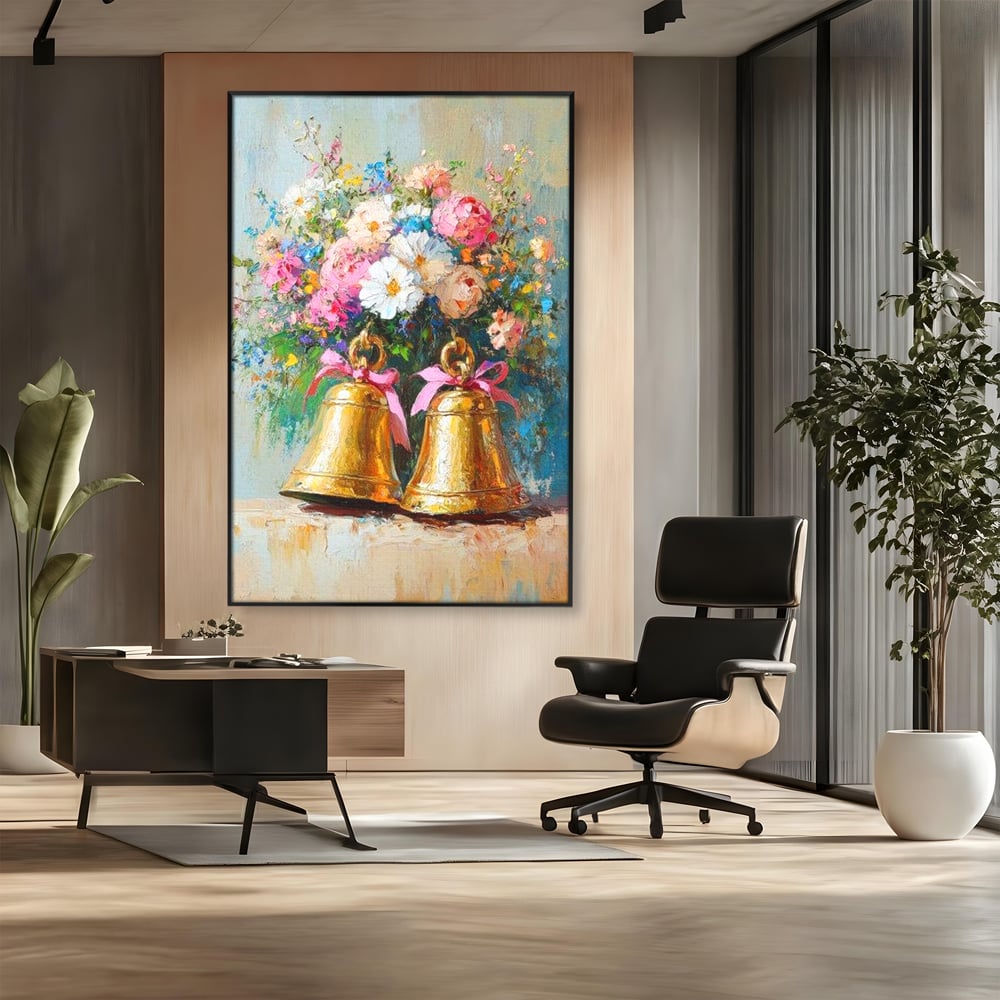 Tablou canvas cu pictura cu clopotei aurii si bujori, in rama de aluminiu negru, pe perete intr-un birou
