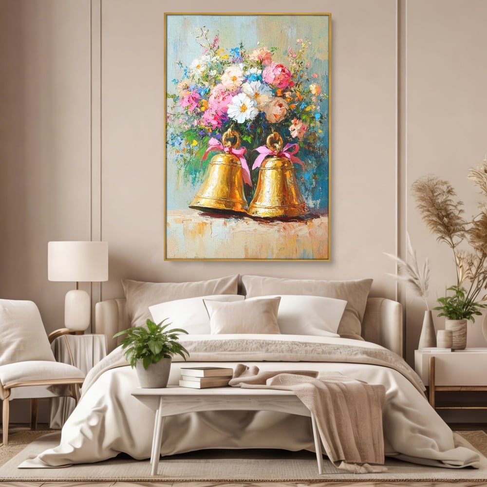 Tablou canvas cu pictura cu clopotei aurii si bujori, in rama de aluminiu auriu, pe perete intr-un dormitor