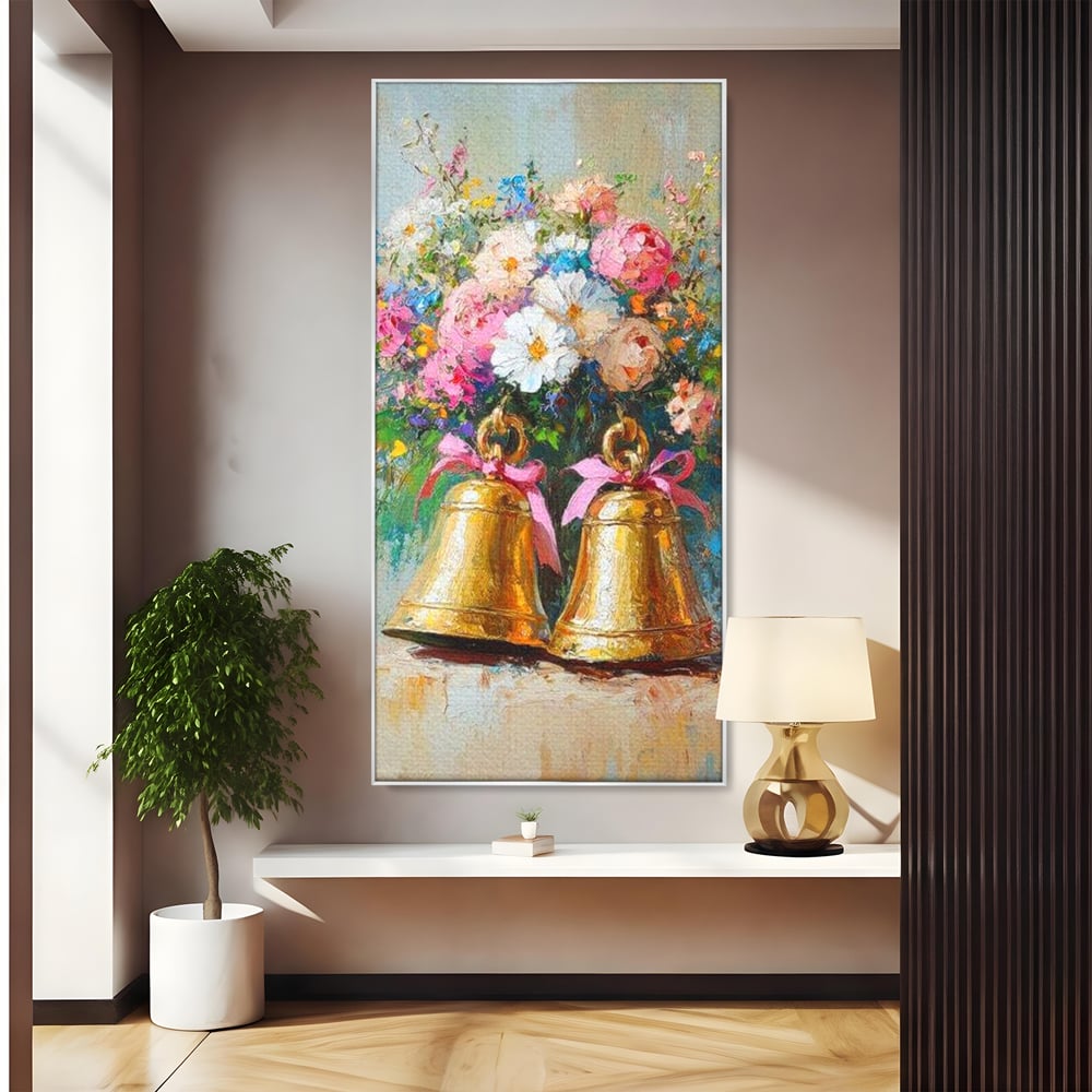 Tablou canvas cu pictura cu clopotei aurii si bujori, in rama de aluminiu argintiu