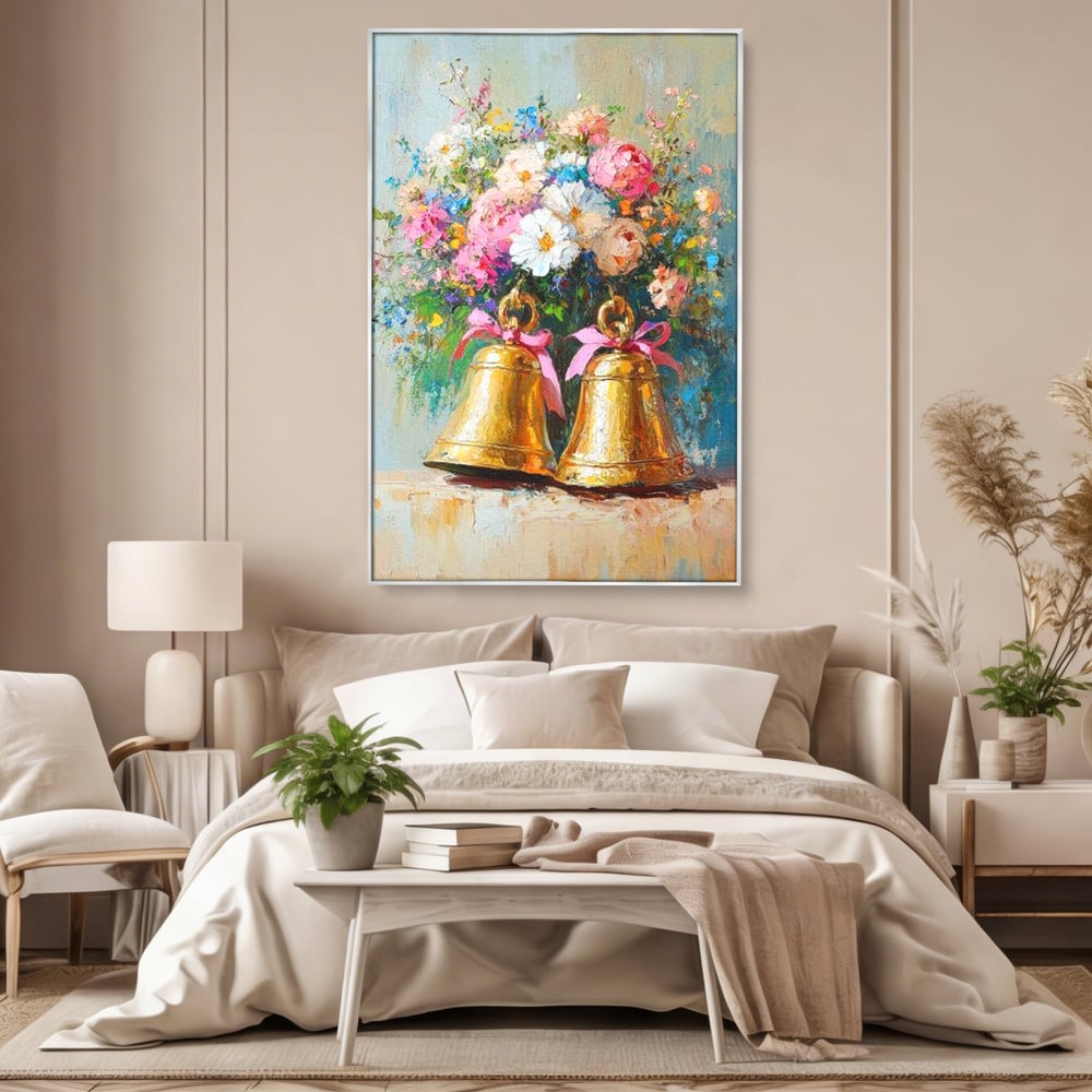 Tablou canvas cu pictura cu clopotei aurii si bujori, in rama de aluminiu argintiu, pe perete intr-un dormitor
