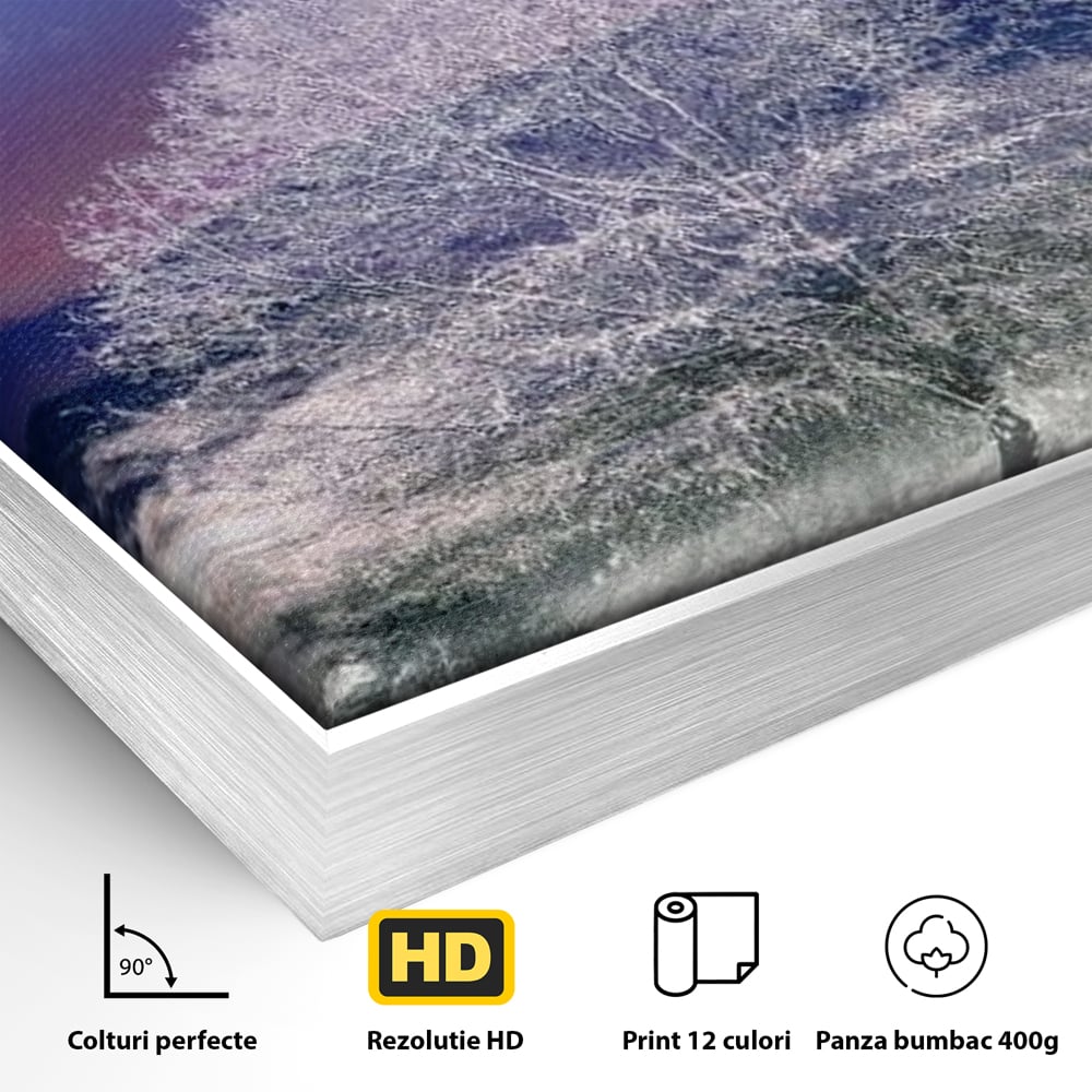 Detaliu al suprafetei: tablou canvas cu peisaj de iarna, in rama de aluminiu argintiu