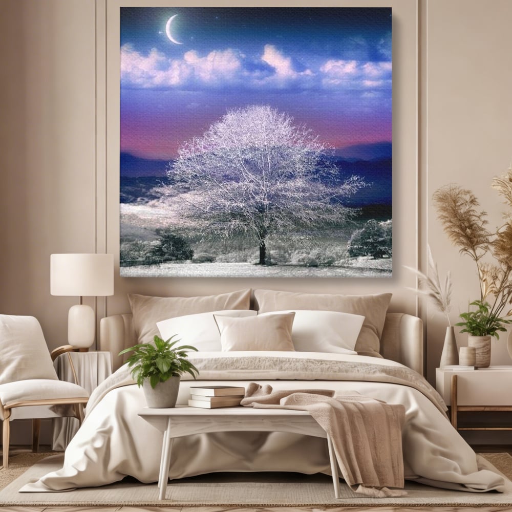 Tablou canvas cu tablou canvas cu peisaj de iarna, fara rama, pe sasiu de lemn, pe perete intr-un dormitor