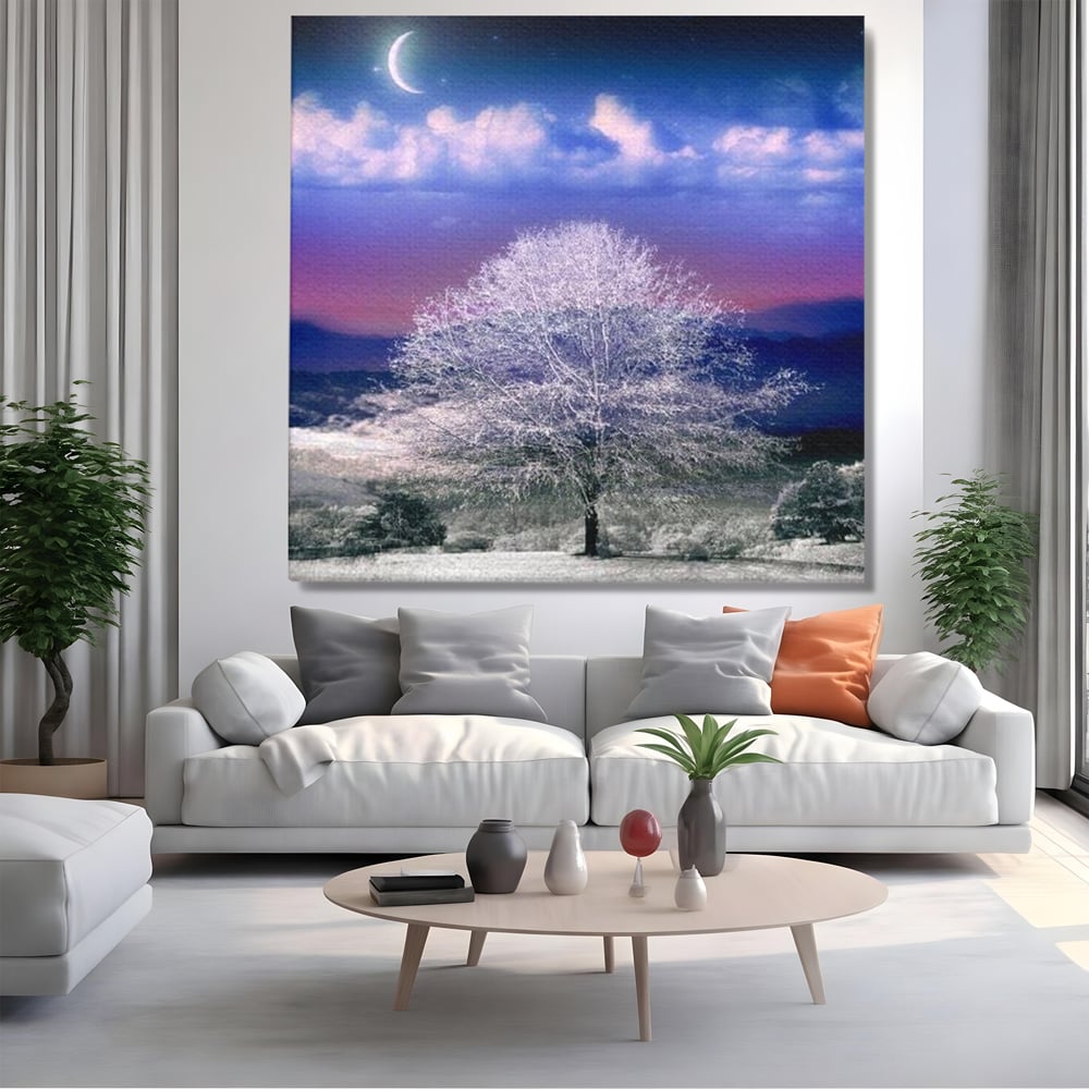 Tablou canvas cu tablou canvas cu peisaj de iarna, fara rama, pe sasiu de lemn, pe perete intr-un living