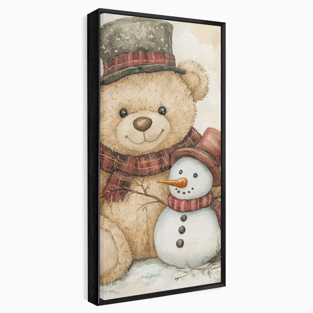 Tablou canvas cu ilustratie cu ursulet si om de zapada, in rama de aluminiu negru