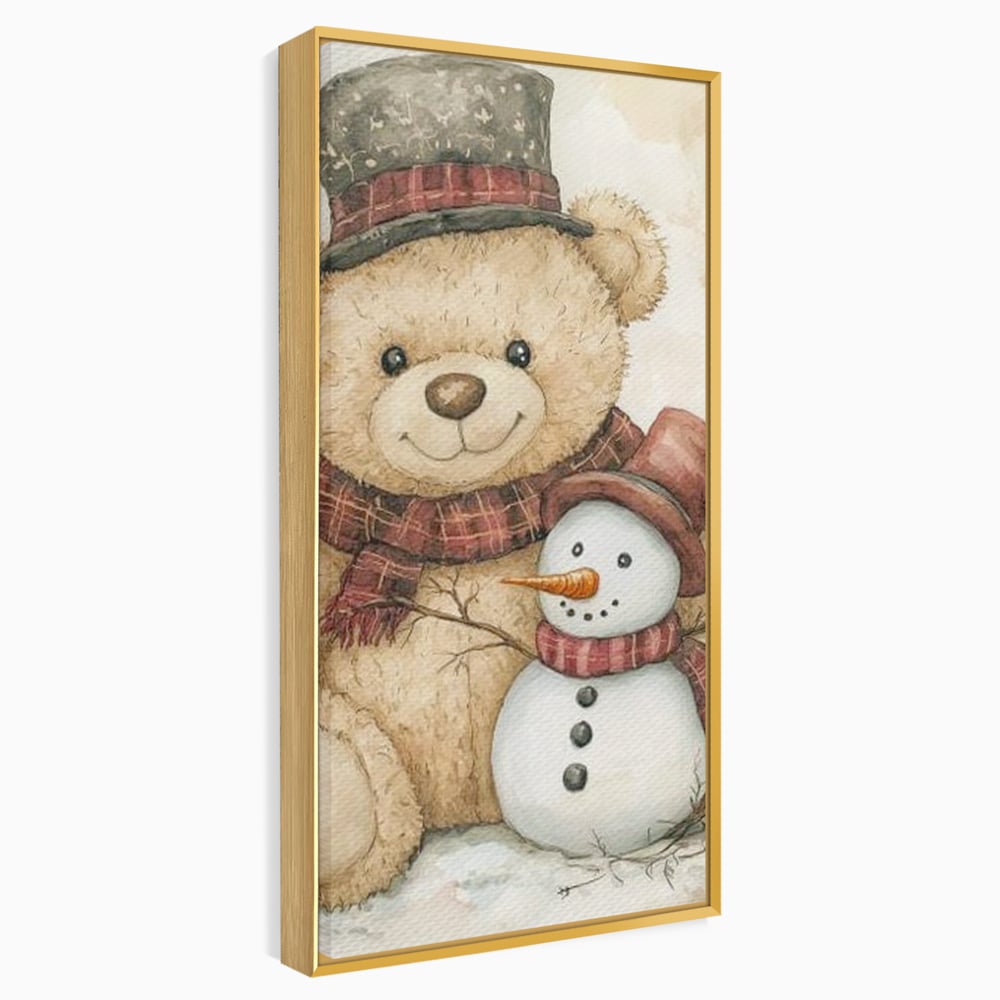 Tablou canvas cu ilustratie cu ursulet si om de zapada, in rama de aluminiu auriu