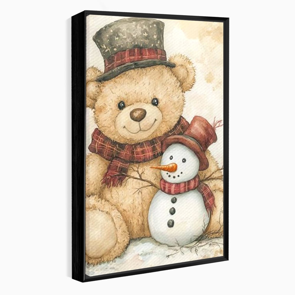 Tablou canvas cu ilustratie cu ursulet si om de zapada, in rama de aluminiu negru
