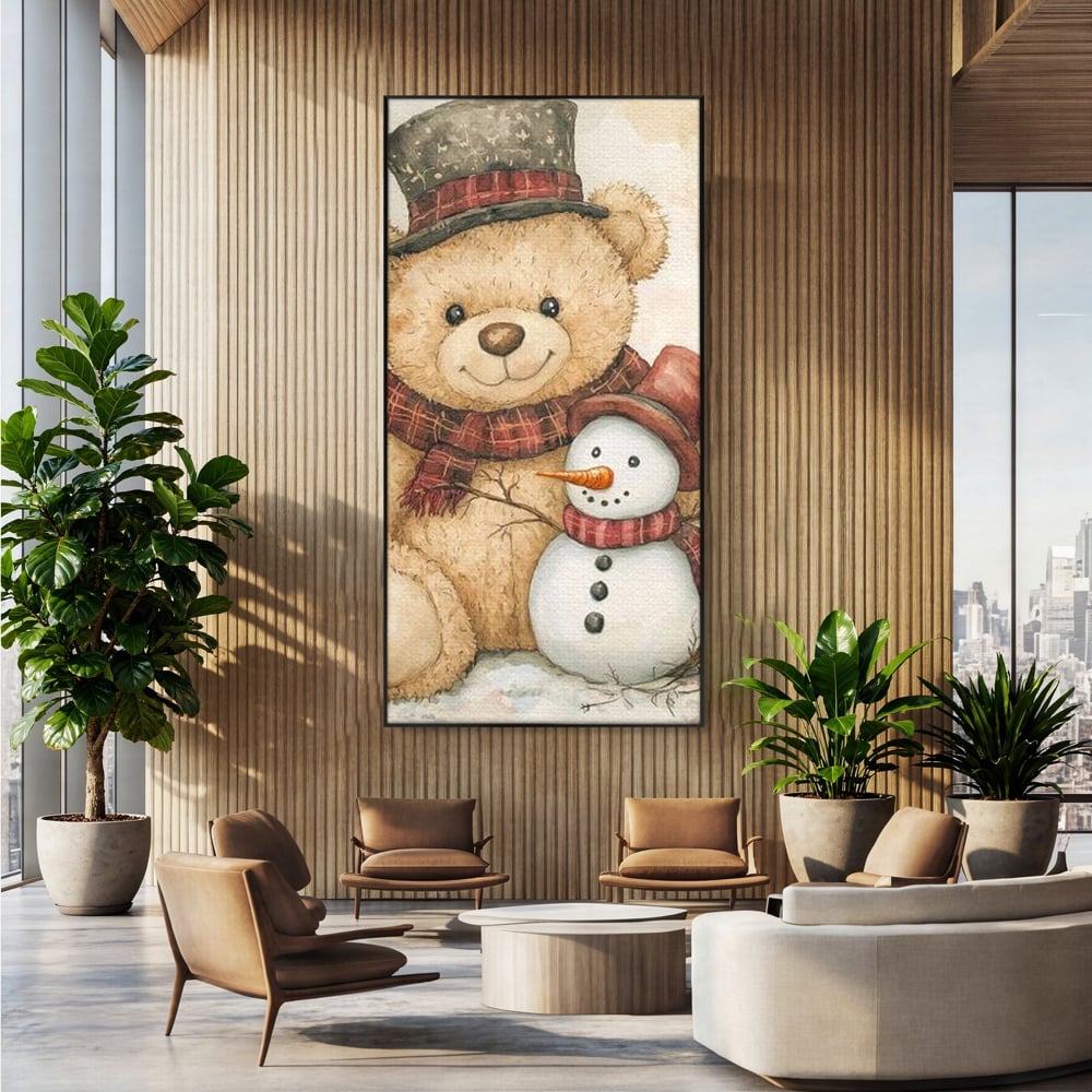 Tablou canvas cu ilustratie cu ursulet si om de zapada, in rama de aluminiu negru, pe perete intr-un birou