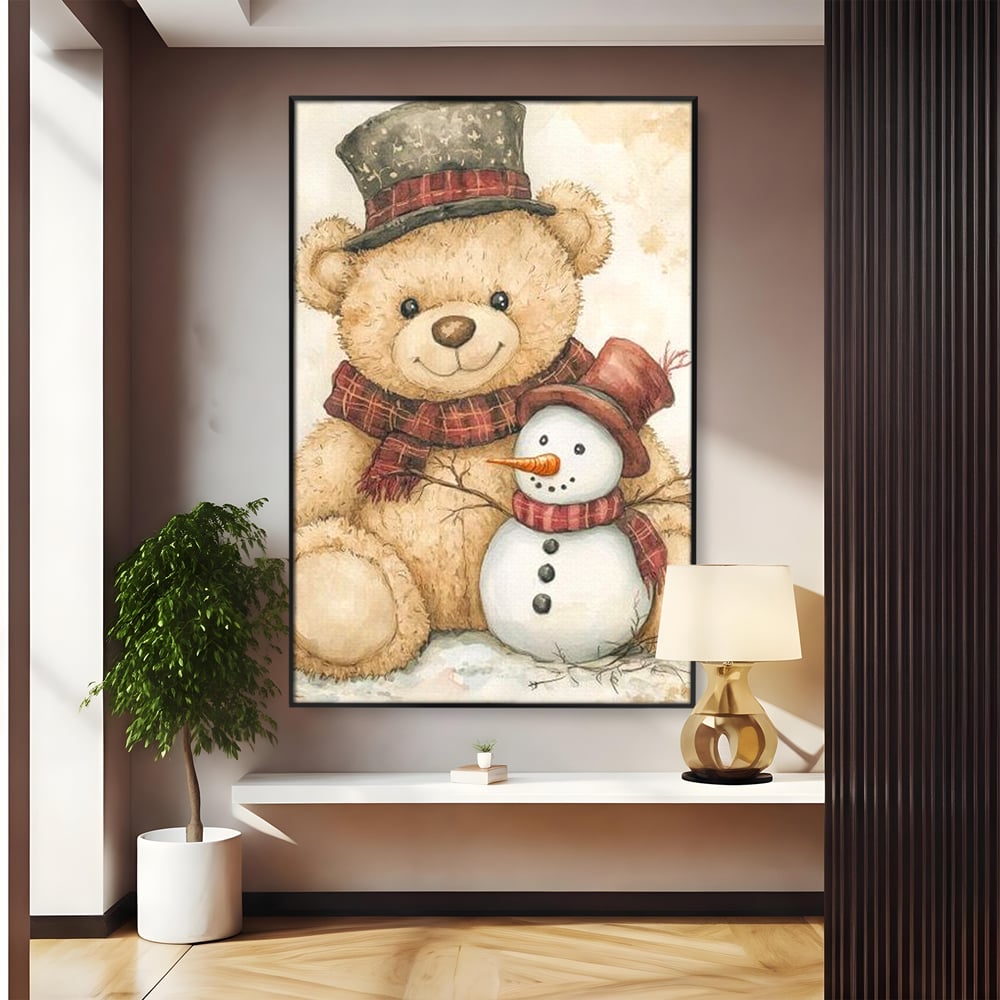 Tablou canvas cu ilustratie cu ursulet si om de zapada, in rama de aluminiu negru