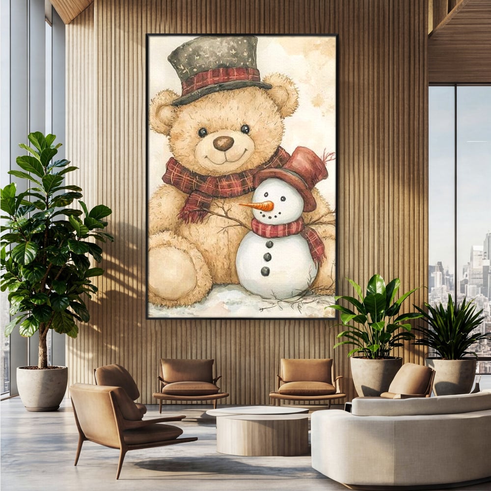 Tablou canvas cu ilustratie cu ursulet si om de zapada, in rama de aluminiu negru, pe perete intr-un birou