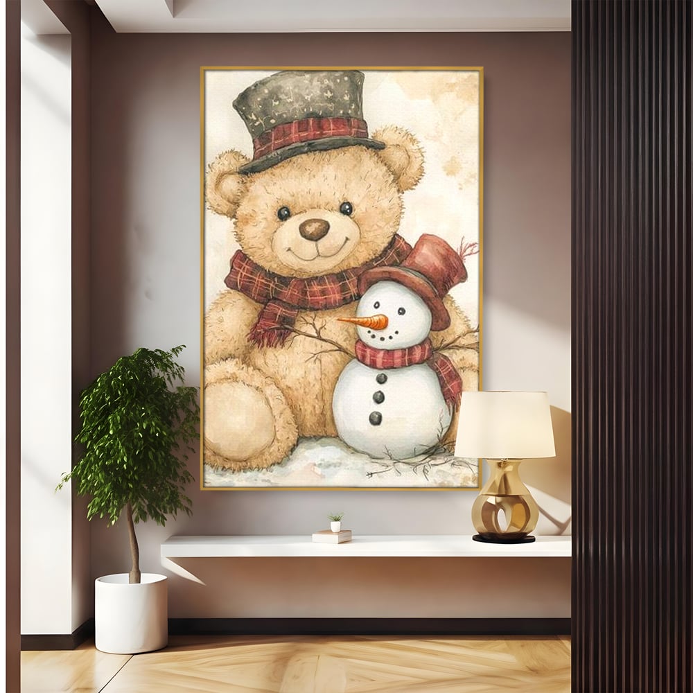 Tablou canvas cu ilustratie cu ursulet si om de zapada, in rama de aluminiu auriu