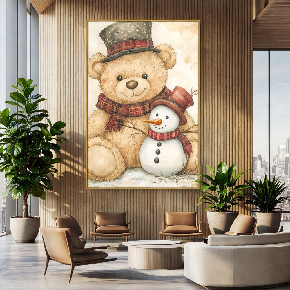Tablou canvas cu ilustratie cu ursulet si om de zapada, in rama de aluminiu auriu, pe perete intr-un birou