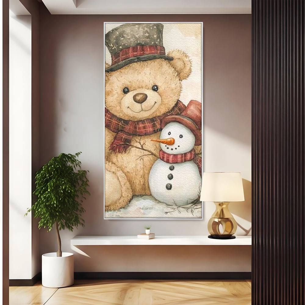 Tablou canvas cu ilustratie cu ursulet si om de zapada, in rama de aluminiu argintiu