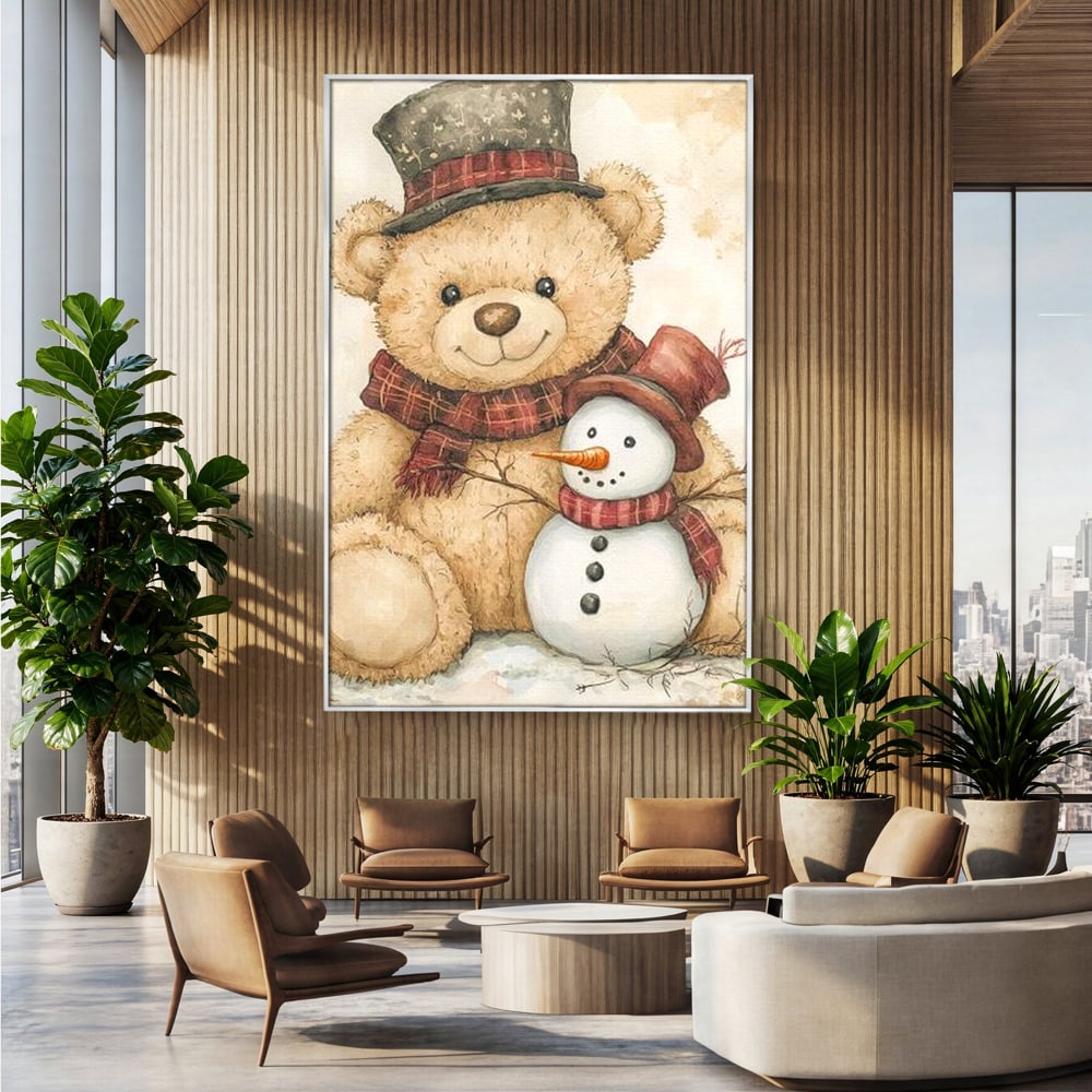 Tablou canvas cu ilustratie cu ursulet si om de zapada, in rama de aluminiu argintiu, pe perete intr-un birou