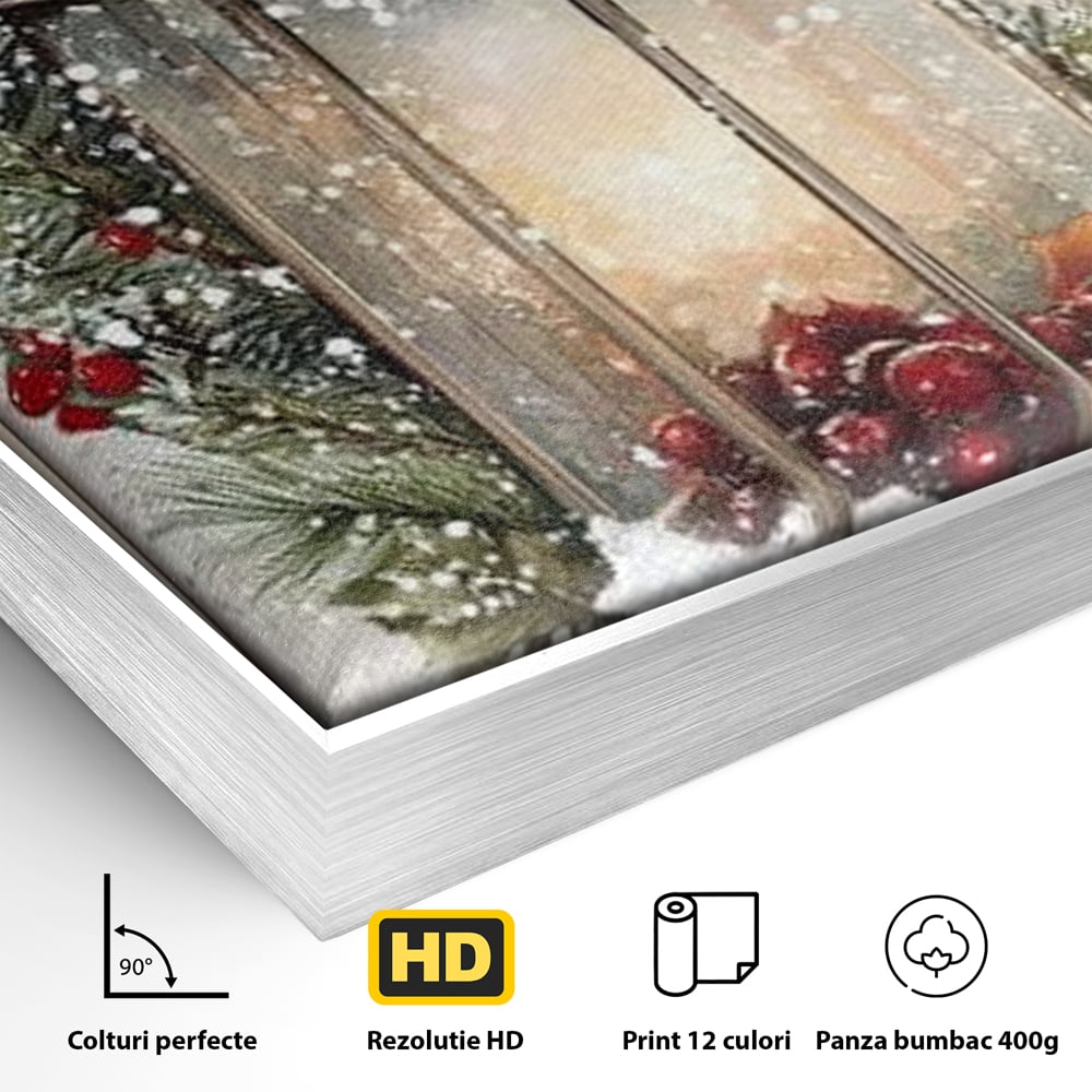 Detaliu al suprafetei: tablou canvas cu felinar de iarna, in rama de aluminiu argintiu