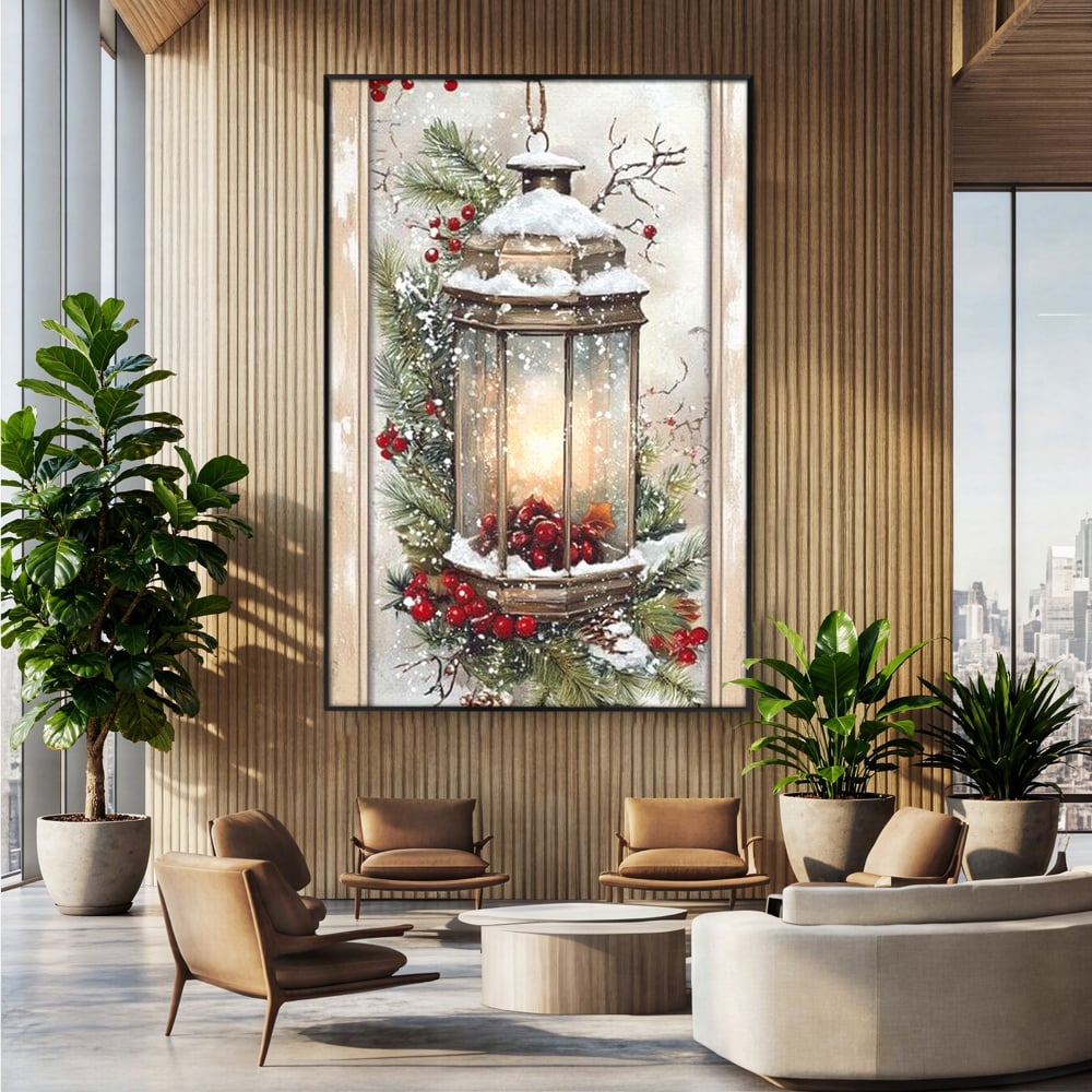 Tablou canvas cu tablou canvas cu felinar de iarna, in rama de aluminiu negru, pe perete intr-un birou