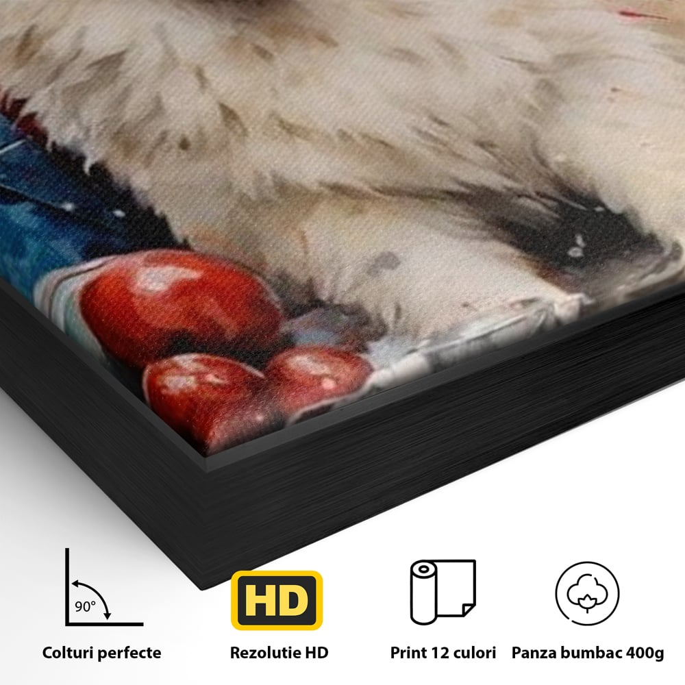 Detaliu al suprafetei: tablou canvas cu catel samoyed, in rama de aluminiu negru