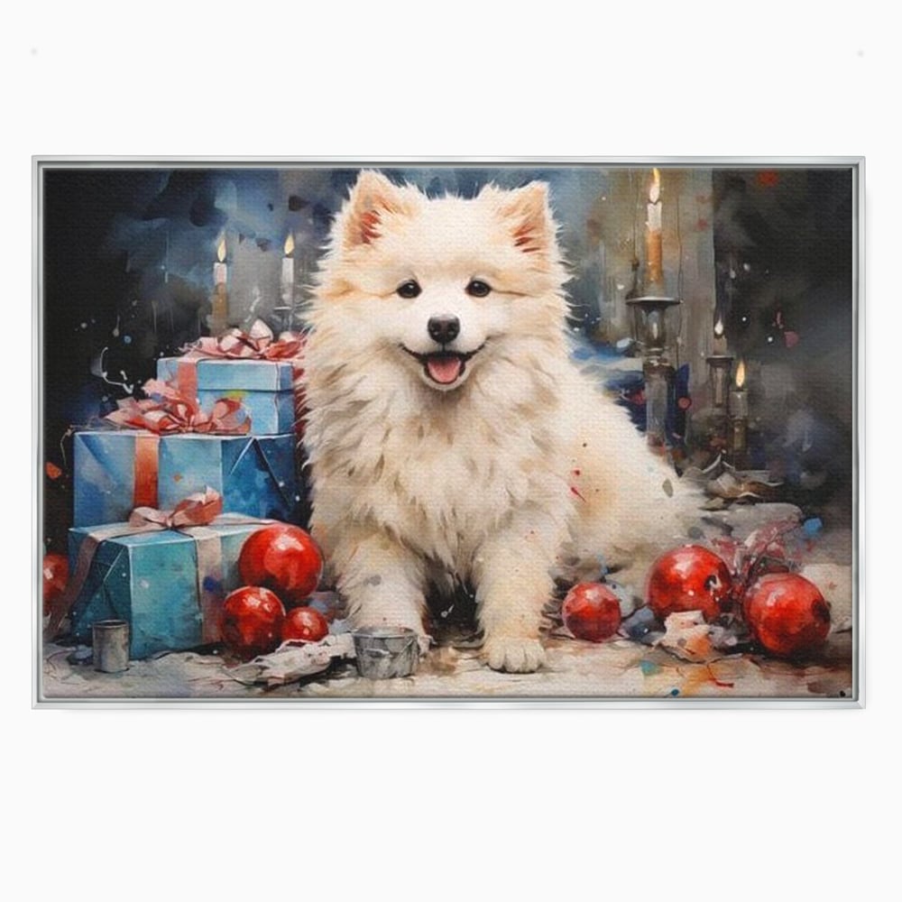 Tablou canvas cu tablou canvas cu catel samoyed, in rama de aluminiu argintiu