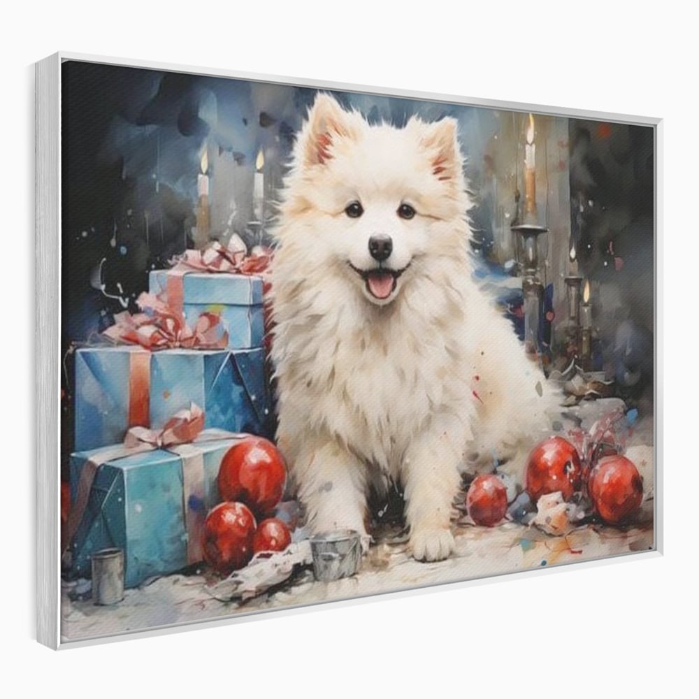 Tablou canvas cu tablou canvas cu catel samoyed, in rama de aluminiu argintiu