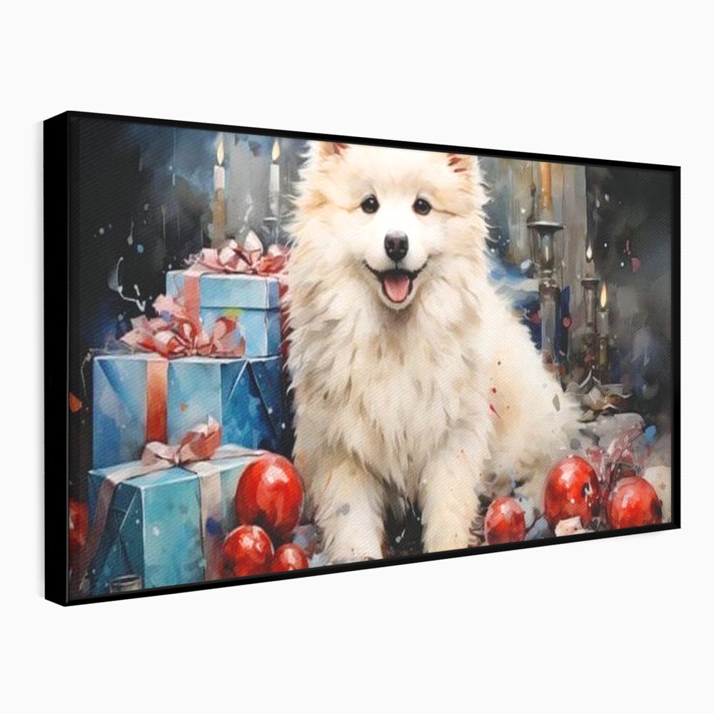 Tablou canvas cu tablou canvas cu catel samoyed, in rama de aluminiu negru
