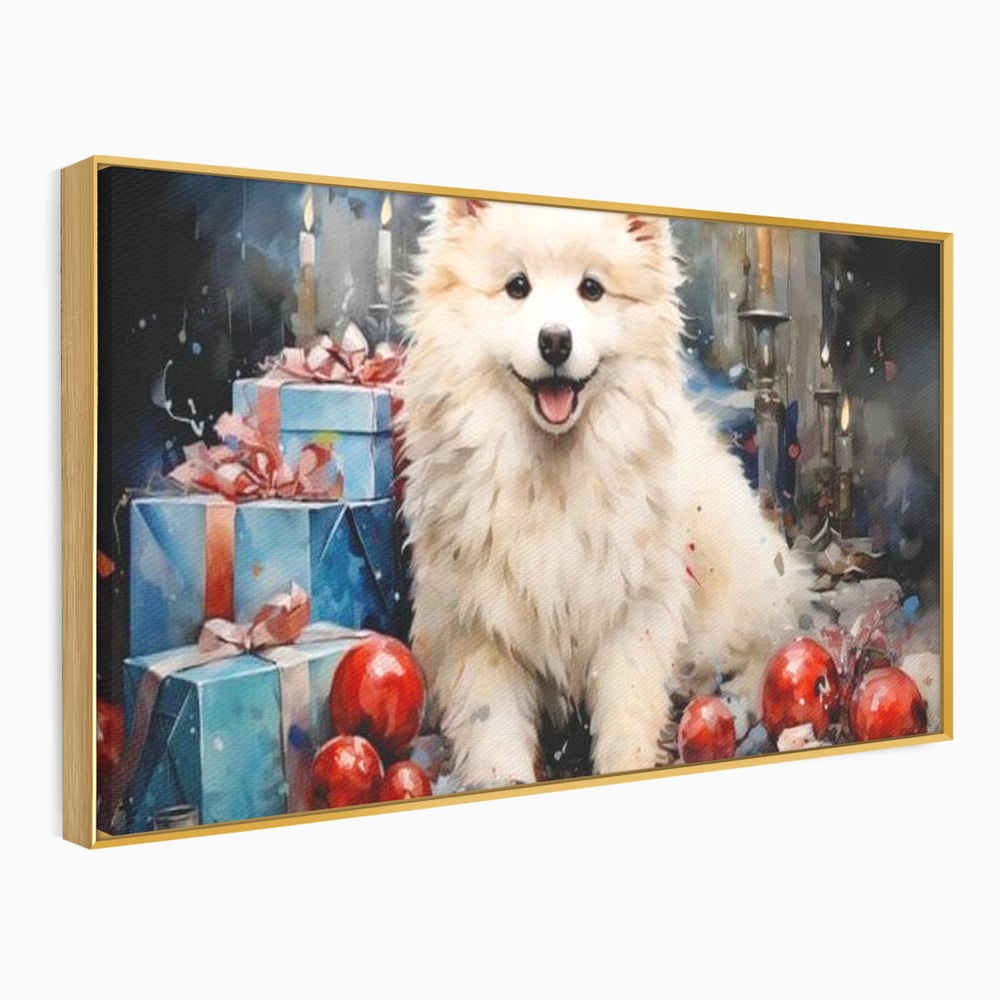 Tablou canvas cu tablou canvas cu catel samoyed, in rama de aluminiu auriu